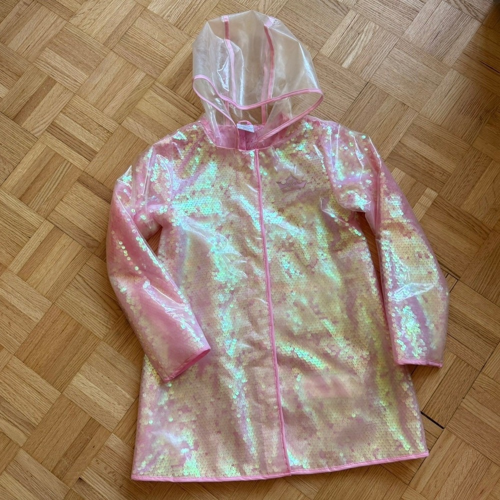 Disney Store Princess Girls Pink Iridescent Sequin Raincoat Hooded Jacket 9/10